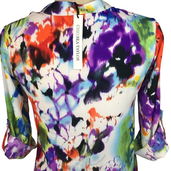 Chelsea Taylor Womens Top Size S Watercolor V-neck Tab Slvs Hi Low Hem Colorful - Picture 8 of 11